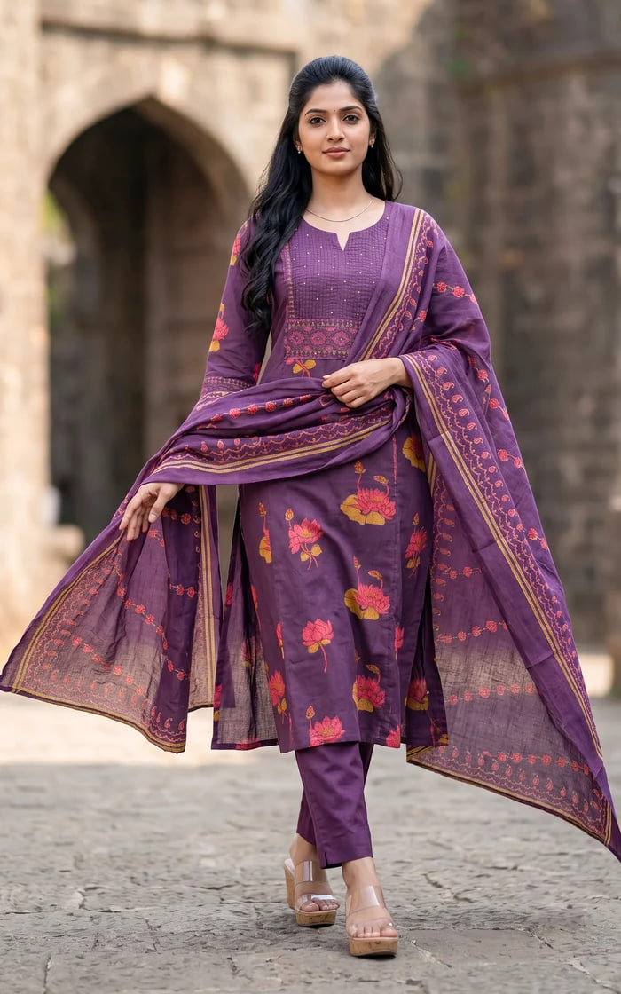 Purple Straight cut Kurta set with Lotus Floral Print